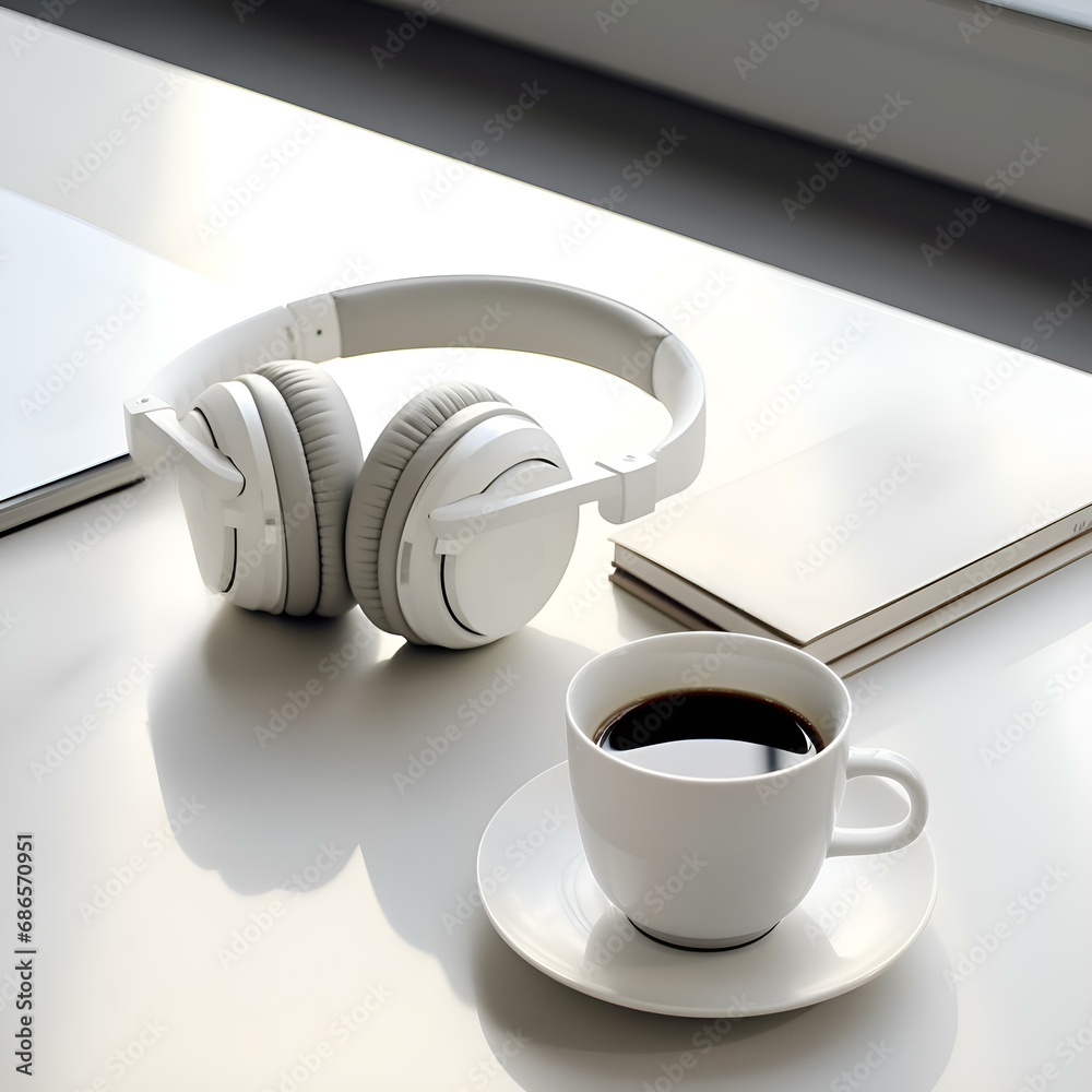 Minimalist style headphones in white and coffee on a light pastel cream background: music, style, conciseness, minimalism, aesthetics, hobby, passion (Ai) Minimalist style headphones in white and coffee on a light pastel cream background: music, style, conciseness, minimalism, aesthetics, hobby, passion (Ai)