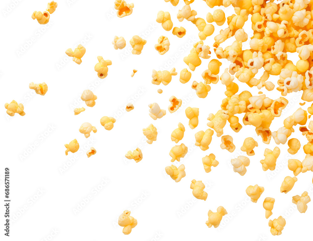 Popcorn explosion. Scattered popcorn. Flying popcorn, lots of popcorn. Popcorn without a box. Isolated on a transparent background. 