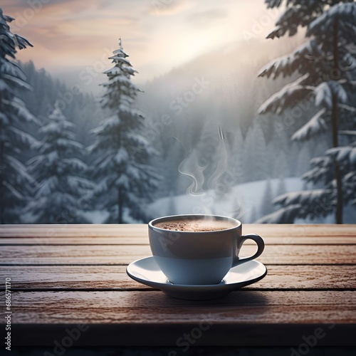 A cup with a hot drink (coffee, tea, cocoa) on the background of a snow-covered window, snow and winter in the background, cozy morning atmosphere, December, January, New Year, Christmas. Ai