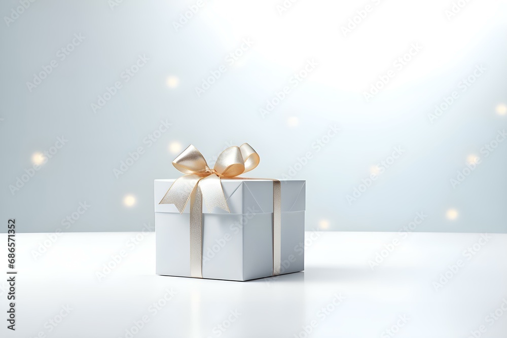 A gift in the form of a box with a bow on a light background: congratulations on the New Year, Christmas, March 8, Valentine's Day and February 14, Mother's Day, Birthday (Ai generation)