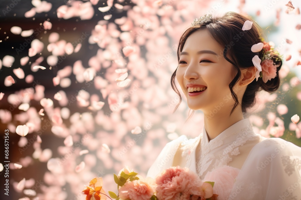 Beautiful happy bride with wedding bouquet and red rose petals Beautiful happy bride with wedding bouquet and red rose petals