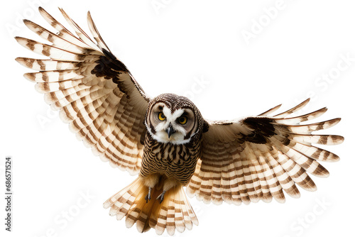 a high quality stock photograph of a single flying spread winged owl isolated on a white background photo