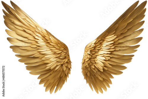 a high quality stock photograph of a single golden angel wings seperated from each other isolated on a white background