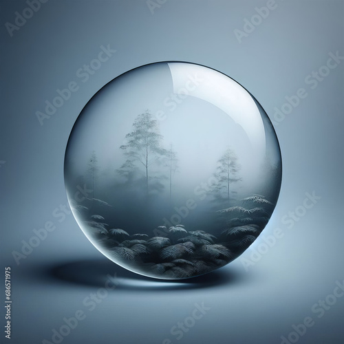 crystal ball with leaves on a gray background. photo
