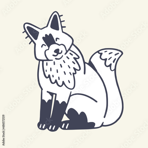 Funny woodland animal, happy wild fox sits. Sly forest character smiles. Outline kind fluffy foxy pup. Cute cunning wood predator childish sketch. Flat handwriting isolated vector illustration