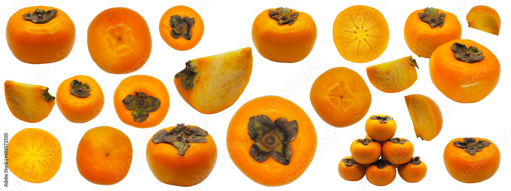 A set of Japanese Persimmon (kaki fruit) isolated on white background A set of Japanese Persimmon (kaki fruit) isolated on white background