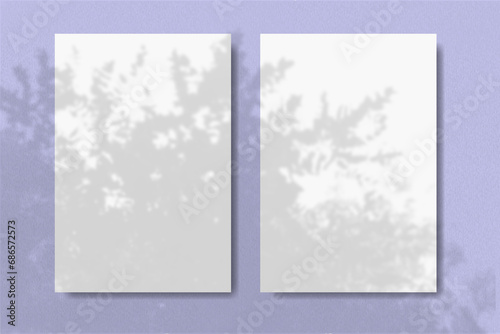 Natural light casts shadows from the plant on 2 vertical rectangles sheets of white paper lying on a lilac background. Mockup