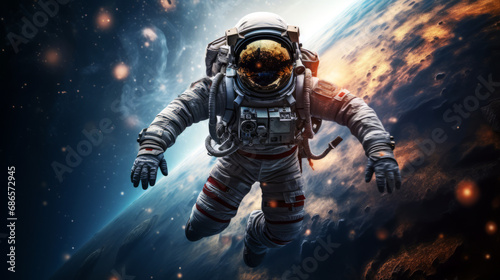 astronaut floating in space with planet in the background