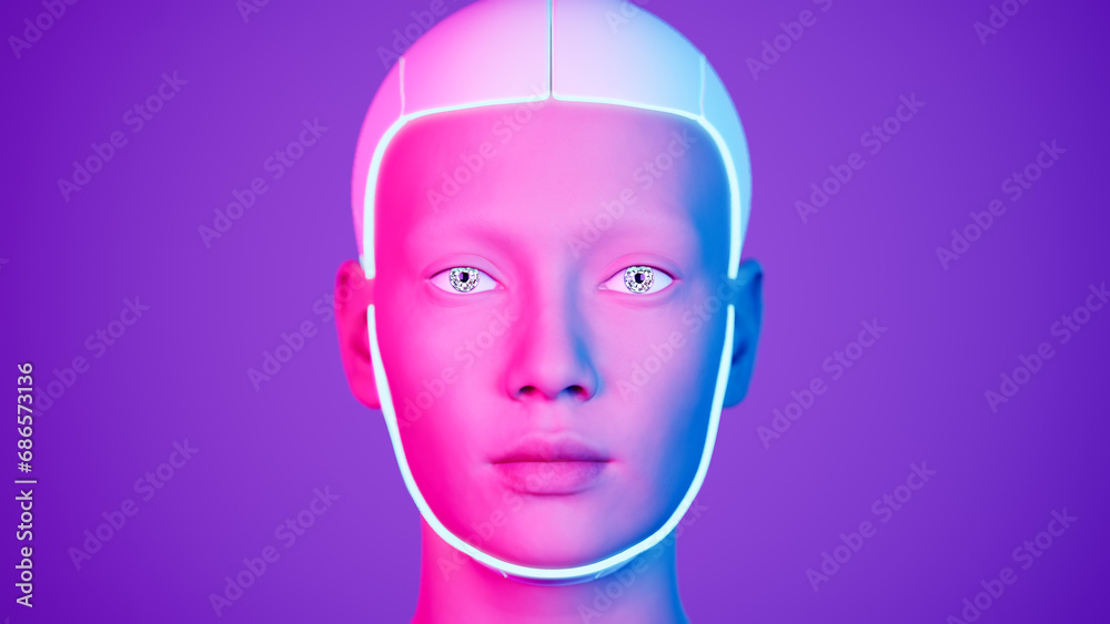 Stylish handsome cyborg head rotating. 3d render of Futuristic woman Stylish handsome cyborg head rotating. 3d render of Futuristic woman