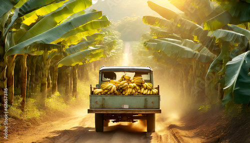 Rear view of a pick-up truck full of ripe yellow bananas, on a dirt road through a tropical cultivation of bananas.