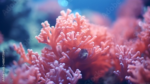 Close-up detailed portrait of corals underwater against underwater background, background image, AI generated