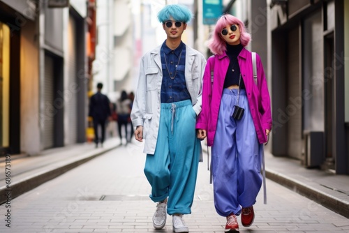 Asian men and women walking on the street with eccentric clothes and pop culture styles, vibrant colored hair