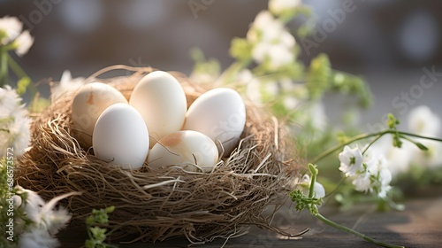 Create a visually appealing arrangement of boiled eggs in a nest-like setting, background image, AI generated