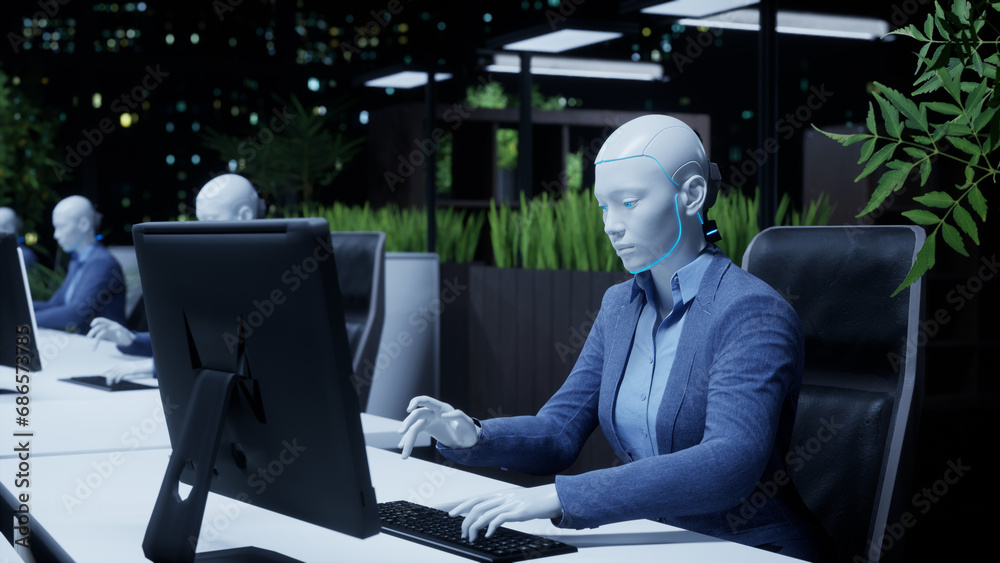 3d rendering humanoid robots working in modern office, future concept