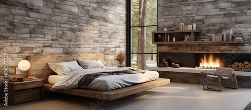 Luxurious Scandinavian bedroom with stone and wood