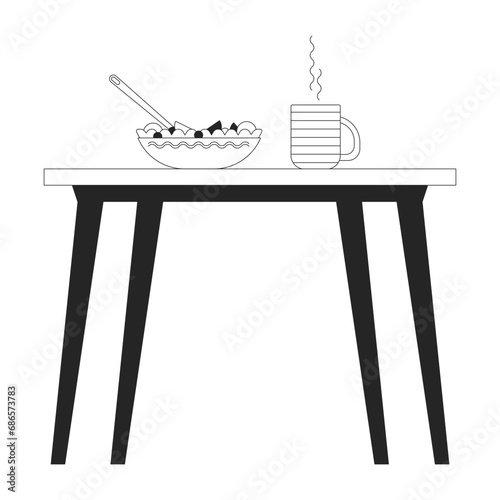 Company cafeteria table black and white 2D line cartoon object. Salad bowl, steamed cup. School lunch isolated vector outline item. Desk lunchtime eating healthy monochromatic flat spot illustration