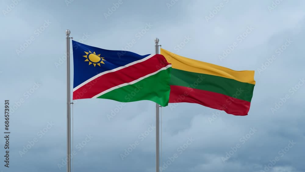 Lithuania flag and Namibia flag waving together on cloudy sky, endless seamless loop, two country relations concept Lithuania flag and Namibia flag waving together on cloudy sky, endless seamless loop, two country relations concept