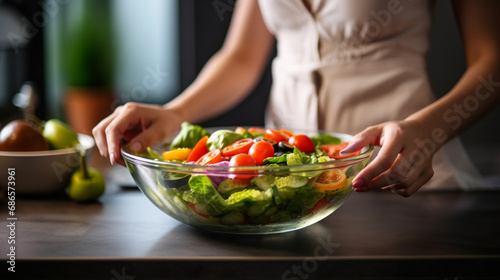 A woman holds a plate with food  salad in her hands on the background of the kitchen.