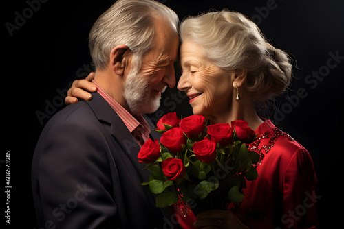 Elderly couple man and woman celebrating Valentine's Day, man giving woman a bouquet of flowers © Marina