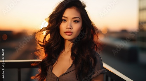 Silhouette photo of an Asian woman on the rooftop at sunset