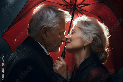 An elderly couple in love, a man and a woman, stand under an umbrella and kiss. Valentine's day concept photo