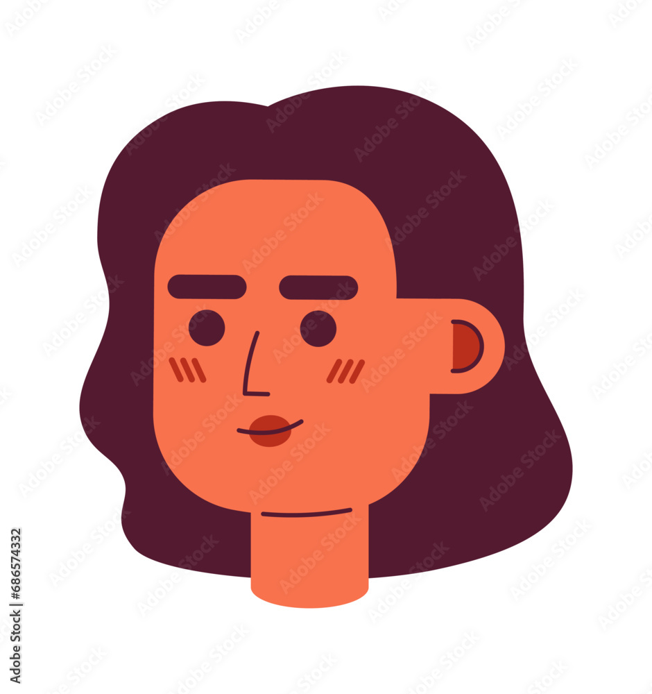 Beautiful south asian woman blushing 2D vector avatar illustration. Indian female adult cartoon character face portrait. Brunette lady flat color user profile image isolated on white background Beautiful south asian woman blushing 2D vector avatar illustration. Indian female adult cartoon character face portrait. Brunette lady flat color user profile image isolated on white background