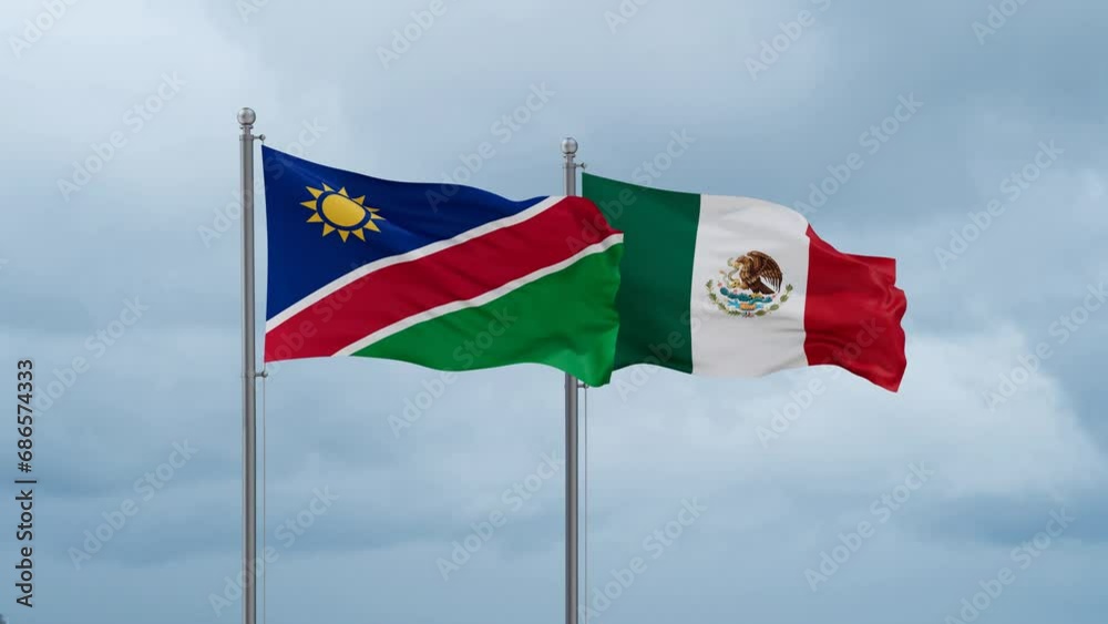 Mexico flag and Namibia flag waving together on cloudy sky, endless seamless loop, two country relations concept Mexico flag and Namibia flag waving together on cloudy sky, endless seamless loop, two country relations concept