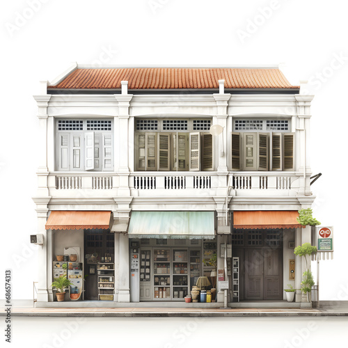 traditional Heritage shophouse facade water color of a building in white background photo