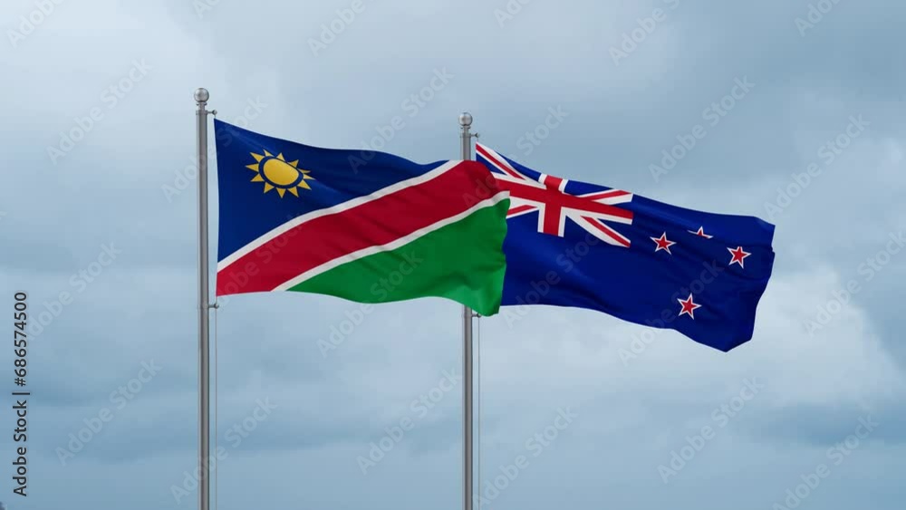New Zealand and Namibia flag waving together on cloudy sky, endless seamless loop, two country cooperation concept New Zealand and Namibia flag waving together on cloudy sky, endless seamless loop, two country cooperation concept