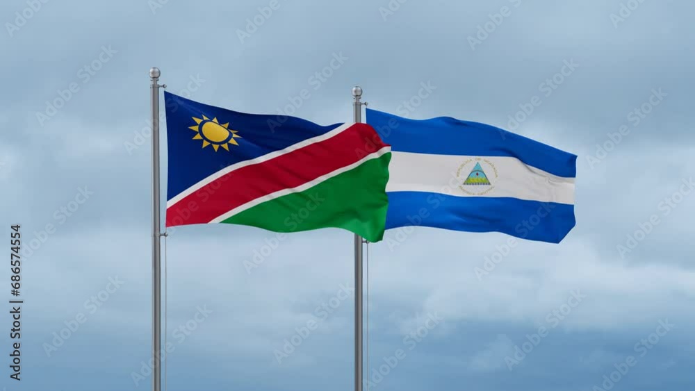 Nicaragua flag and Namibia flag waving together on cloudy sky, endless seamless loop, two country relations concept