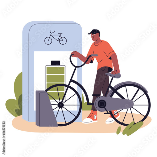 Young man take bicycle from energy station after full charge. Person parking electric bike. Service for urban eco vehicle. Active lifestyle. Flat isolated vector illustration on white background