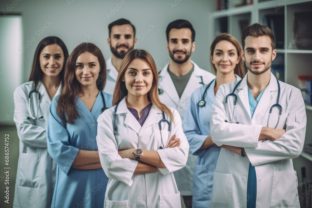 A group of happy doctors in white coats. Medical services, clinics, healthcare system. A group of happy doctors in white coats. Medical services, clinics, healthcare system.