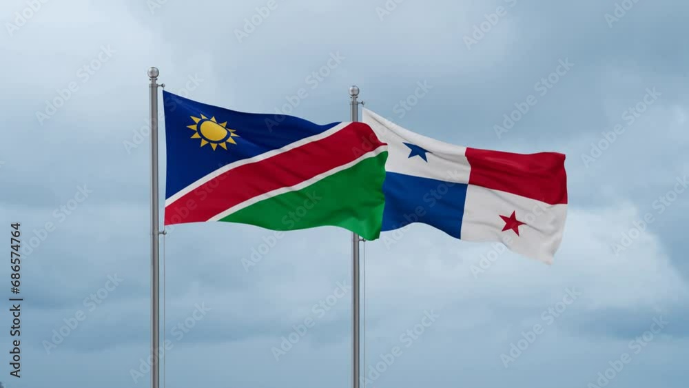 Panama flag and Namibia flag waving together on cloudy sky, endless seamless loop, two country relations concept