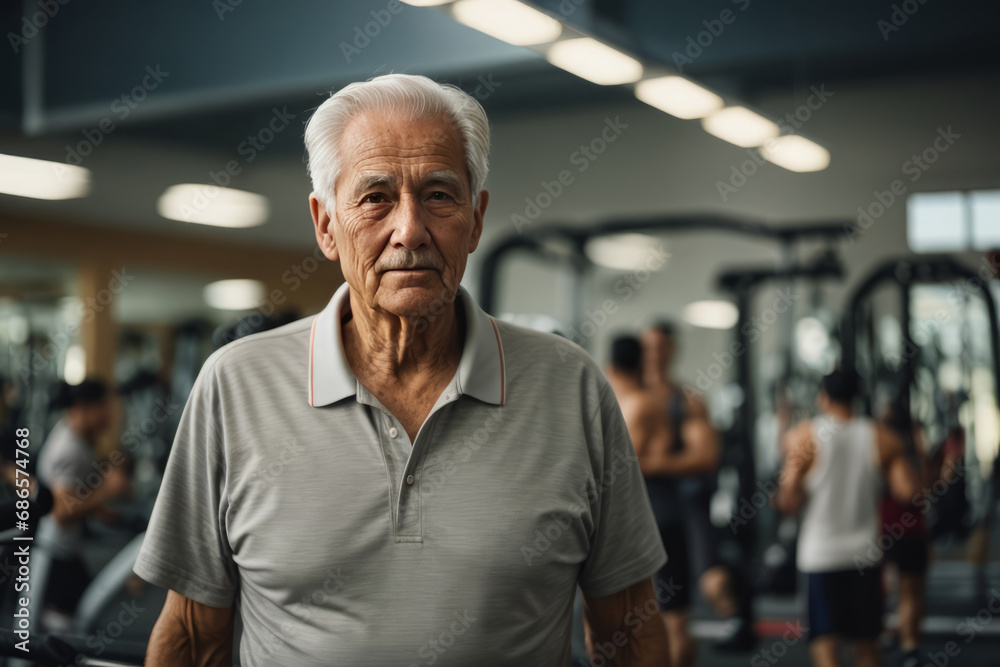 An elderly gray-haired man in the gym. An elderly gray-haired man in the gym.
