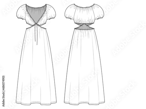 women cut out backless dress ,puff short sleeve,smocked hem,drawstring front ,depp v neck,long dress fashion vector, technical drawing
cad	
 photo