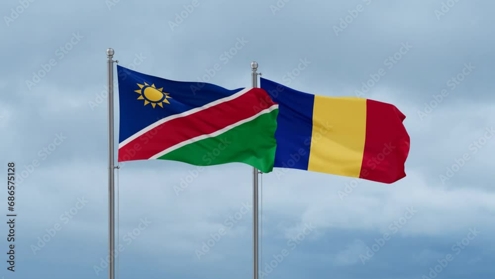 Romania and Namibia flag waving together on cloudy sky, endless seamless loop, two country cooperation concept Romania and Namibia flag waving together on cloudy sky, endless seamless loop, two country cooperation concept