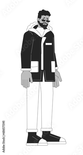 African american man sad wearing winter outerwear black and white 2D line cartoon character. Black male disappointed isolated vector outline person. Vacation fails monochromatic flat spot illustration