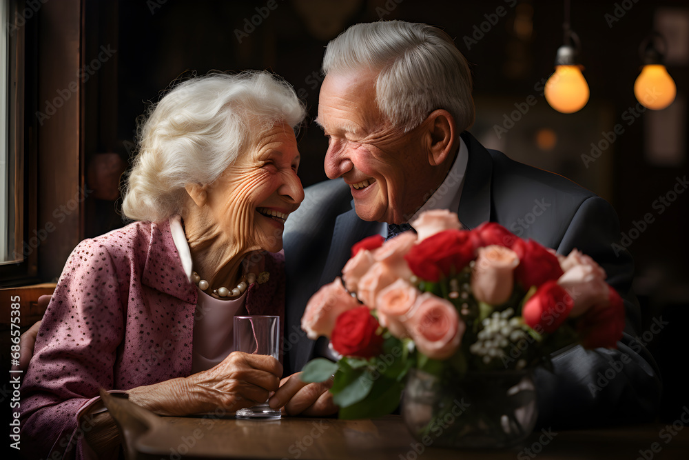 Elderly couple man and woman celebrating Valentine's Day, man giving woman a bouquet of flowers