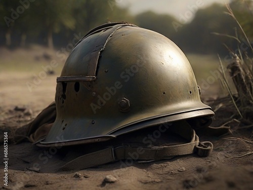 Iconic war helmet on battlefield ground – poignant image for World War remembrance day. Commemorate history with this powerful war relic.