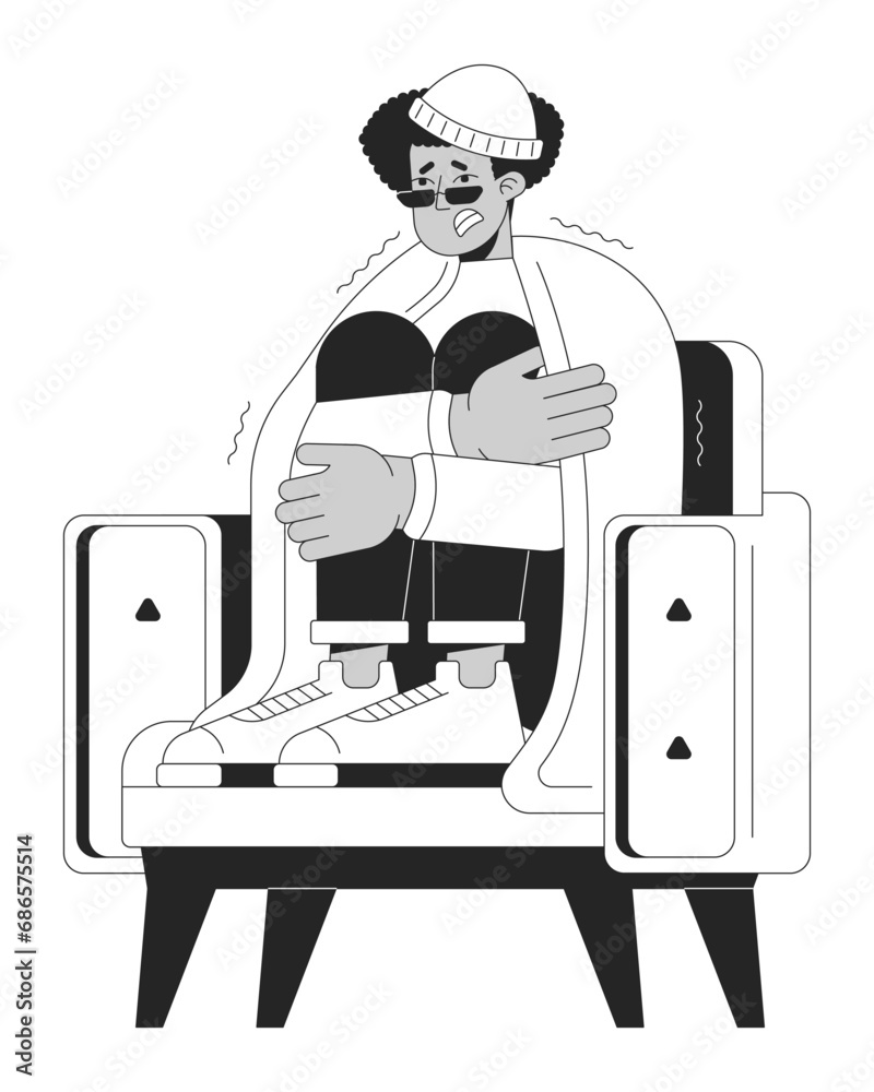 Latino man in armchair sitting under blanket black and white 2D line cartoon character. Freezing guy shivering isolated vector outline person. Cold temperatures monochromatic flat spot illustration