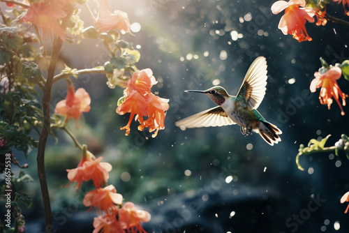 An enchanting moment frozen in time, as hummingbirds flit amidst tropical flowers, creating a harmonious dance in the air.
