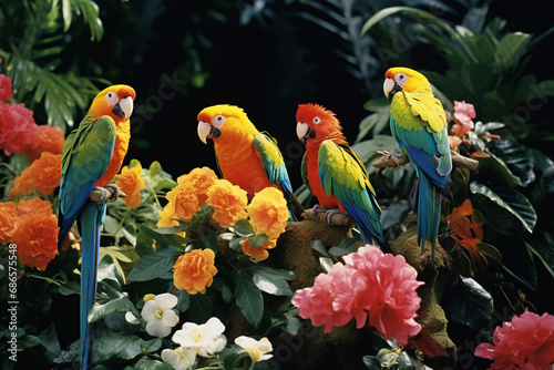 A group of tropical birds in a symphony of colors, their plumage creating a visually stunning display against the emerald foliage.