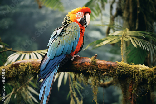 A regal macaw perched on a branch, its majestic feathers showcasing the brilliance of nature's artwork in the heart of the tropical forest.