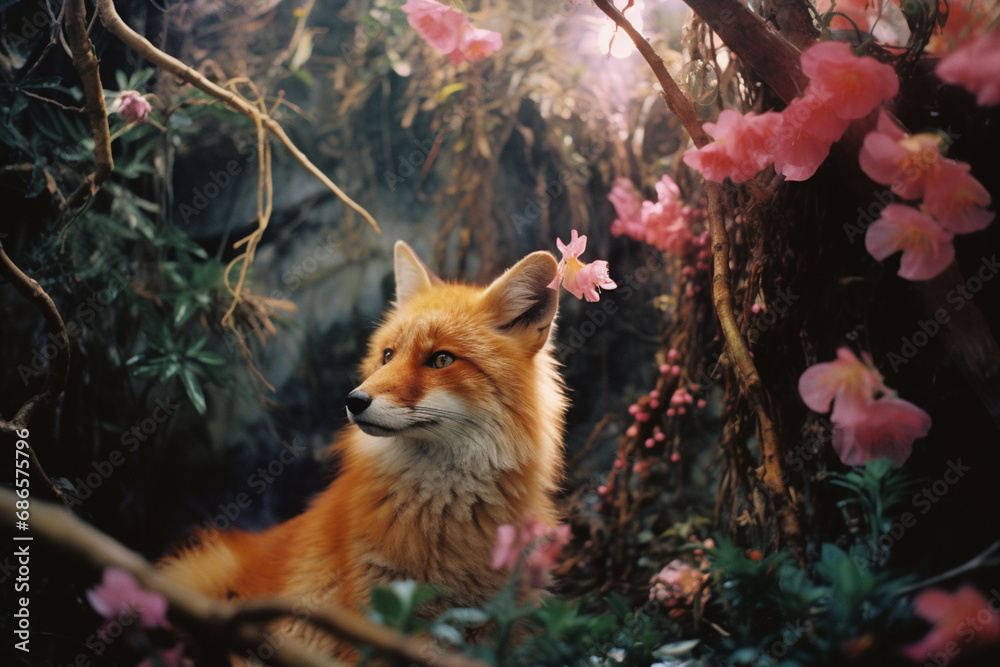 A whimsical scene featuring abstract fox forms intertwined with tropical flowers, creating a fantasy-like atmosphere in the heart of the forest.