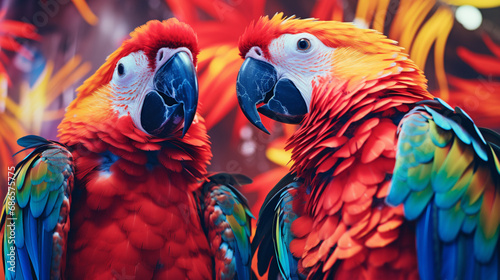 A vibrant image featuring abstract parrots with prismatic plumage, their kaleidoscopic colors adding a burst of energy to the tropical scene. © Oleksandr