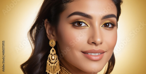 Beautiful Moroccan good woman nice fashion half body eye contact and background empty space for design in Morocco