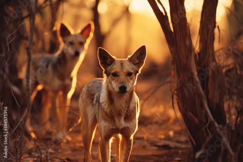 An abstract representation of dingoes in a dynamic dawn setting, their sleek forms adding a sense of wild energy to the tropical landscape. photo