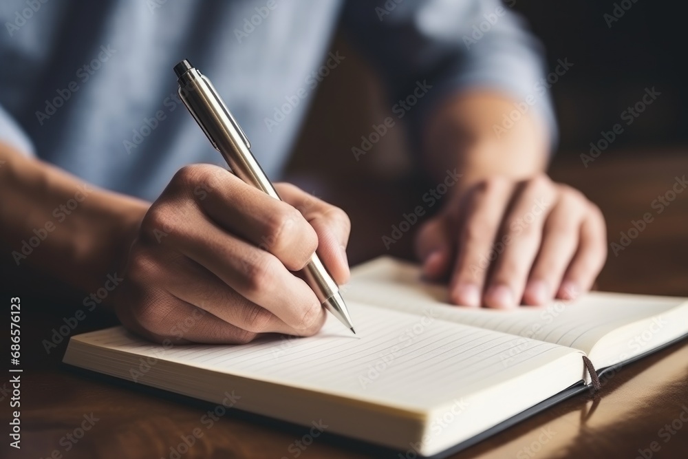 Man writes on empty notebook page with pen sitting at table in room closeup. Student hands with writing tool on blank organizer at wooden desk. Marking notes about creative ideas concept Man writes on empty notebook page with pen sitting at table in room closeup. Student hands with writing tool on blank organizer at wooden desk. Marking notes about creative ideas concept