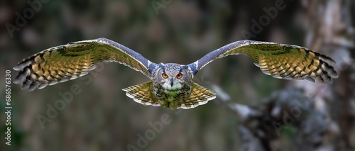 Adorable owl flying gracefully in the sky over a lush green field with tall trees. photo