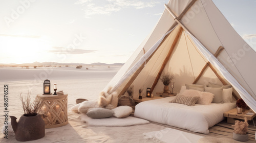 Desert night resort. Glamping arabic tents. Desert camp photo